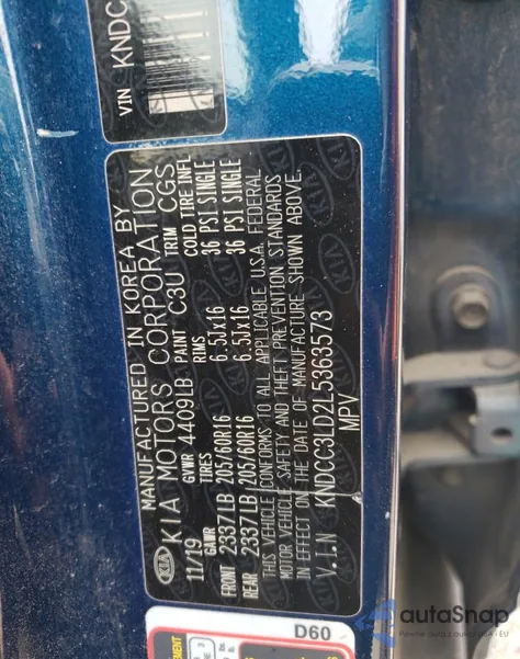 2020 Kia Niro Ex Premium из США, поврежденный, VIN KNDCC3LD2L5363573